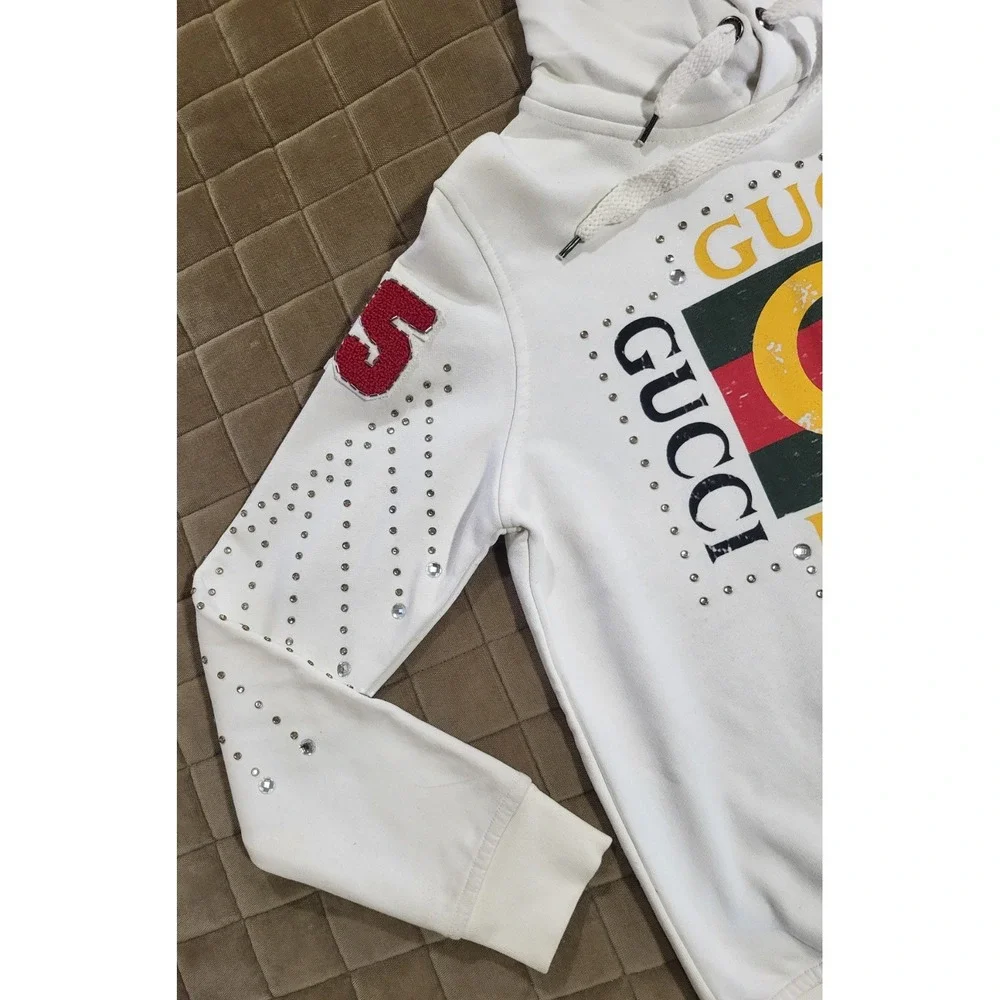Gucci Distressed Logo Print Hoodie Ivory Size Medium W/Rhinestone Diamonds